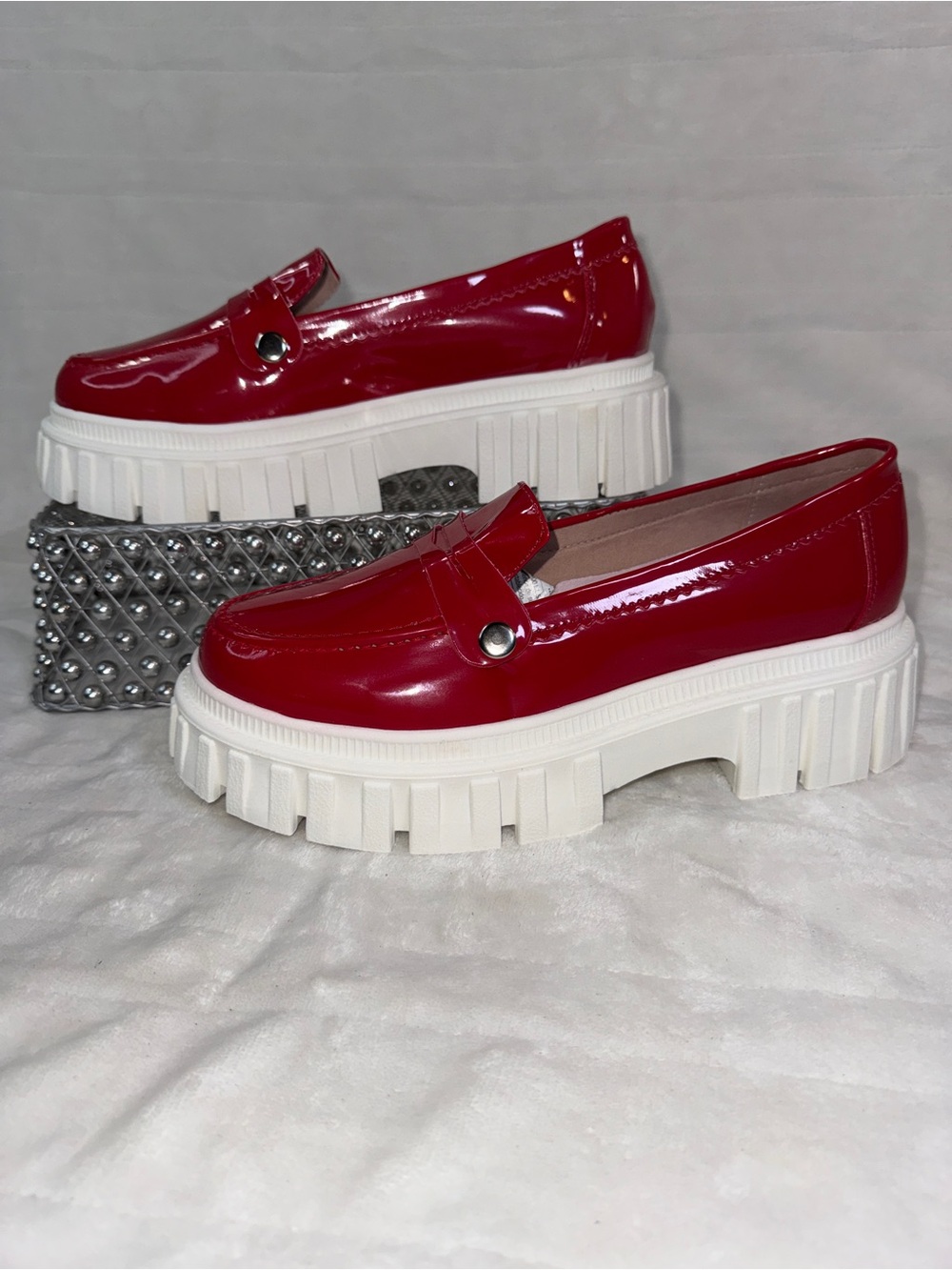 Patent Red Platform Loafers with Chunky White Sole size 8W